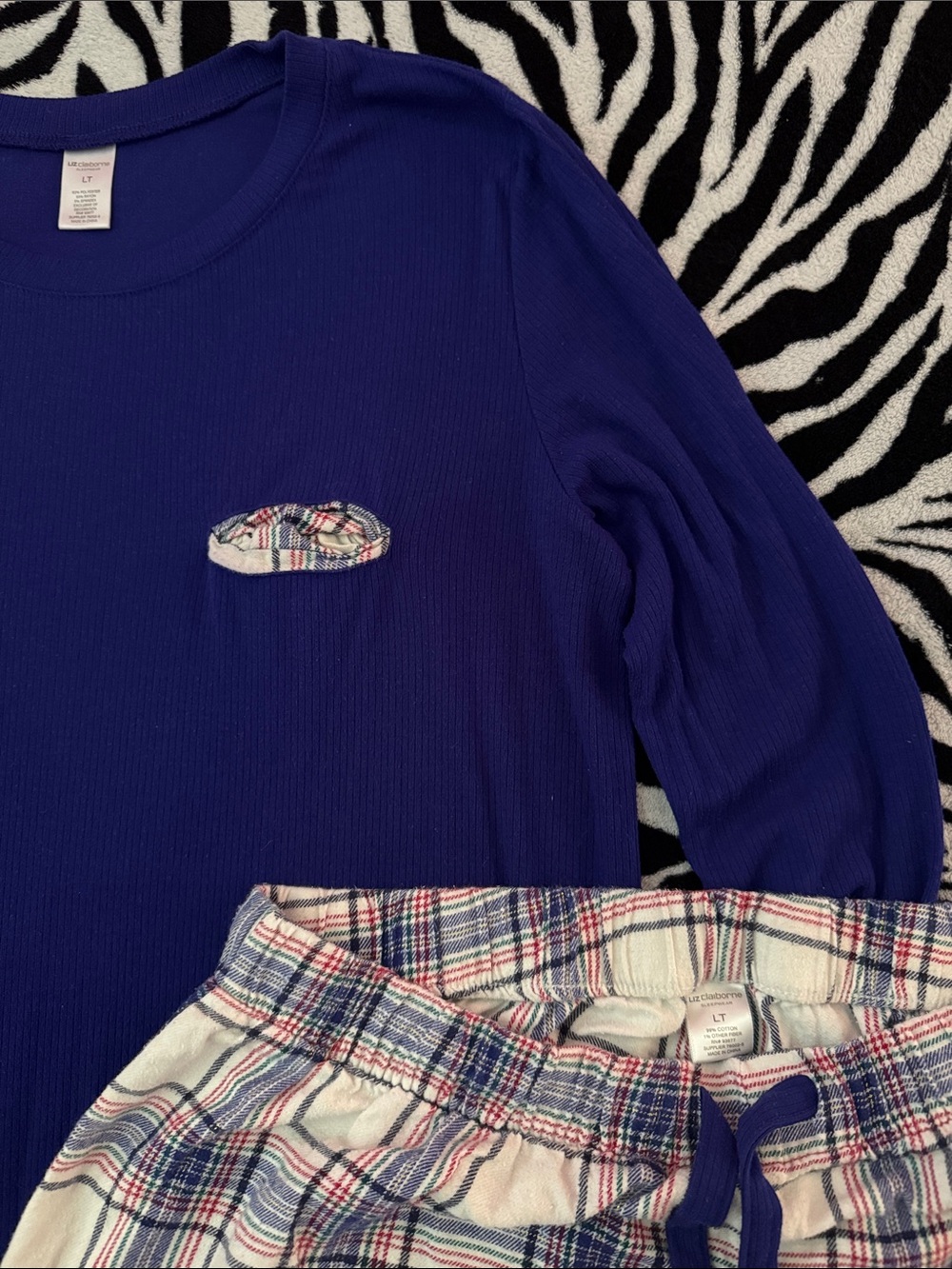 Pajama Set- Long Sleeve Tee with Plaid Pocket Accent